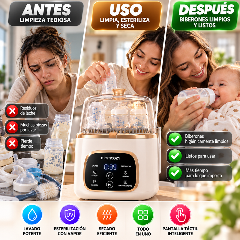 Lavadora, esterilizadora y secadora de biberones Momcozy KleanPal Pro con 300 tabletas de detergente - Máquina de limpieza todo en uno para biberones, piezas de extractor y artículos esenciales para bebés