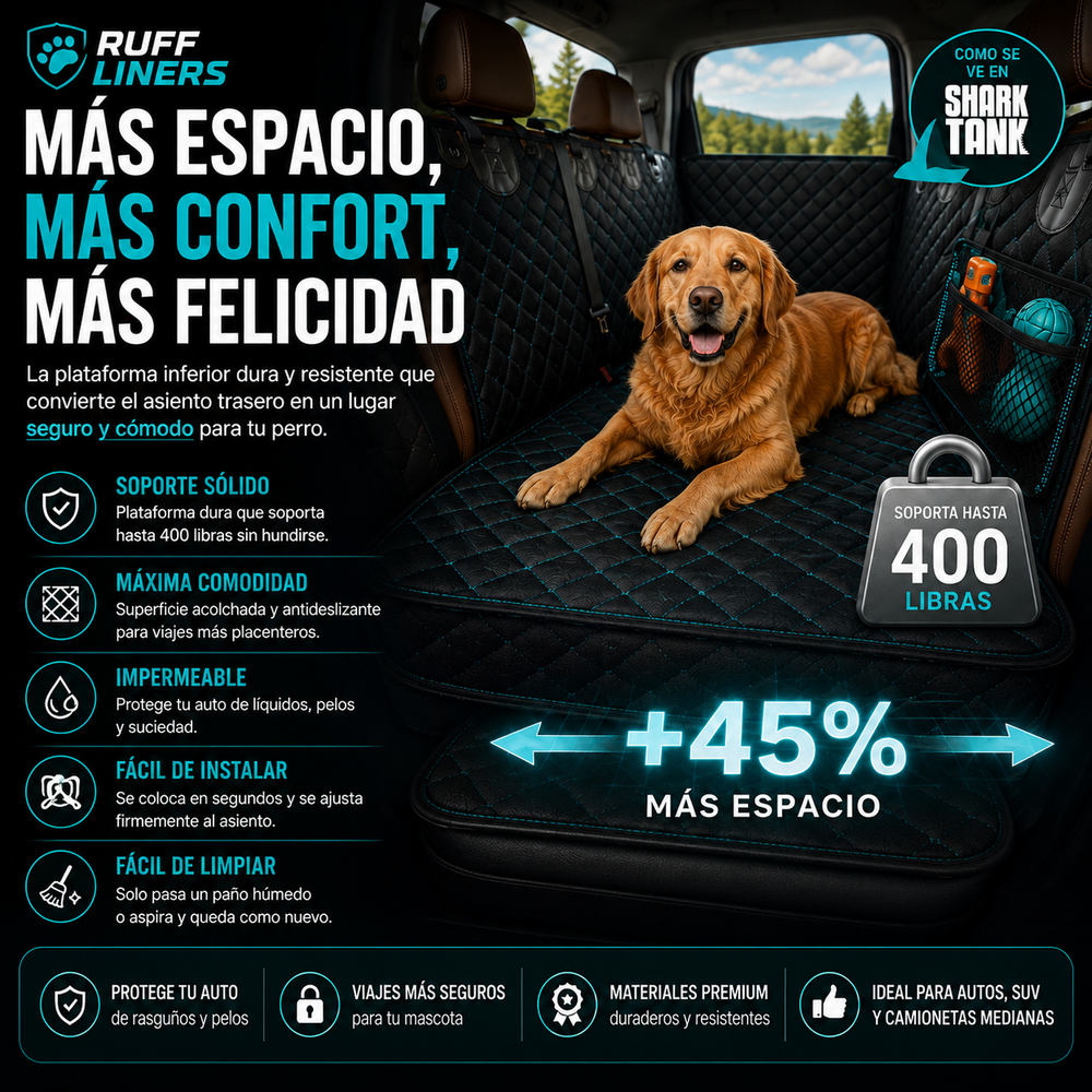 Ruff Liners Extensor de asiento trasero mediano para perros, color negro, como se ve en Shark Tank, plataforma inferior dura para automóviles, SUV y camiones de tamaño mediano, soporte de 400 libras