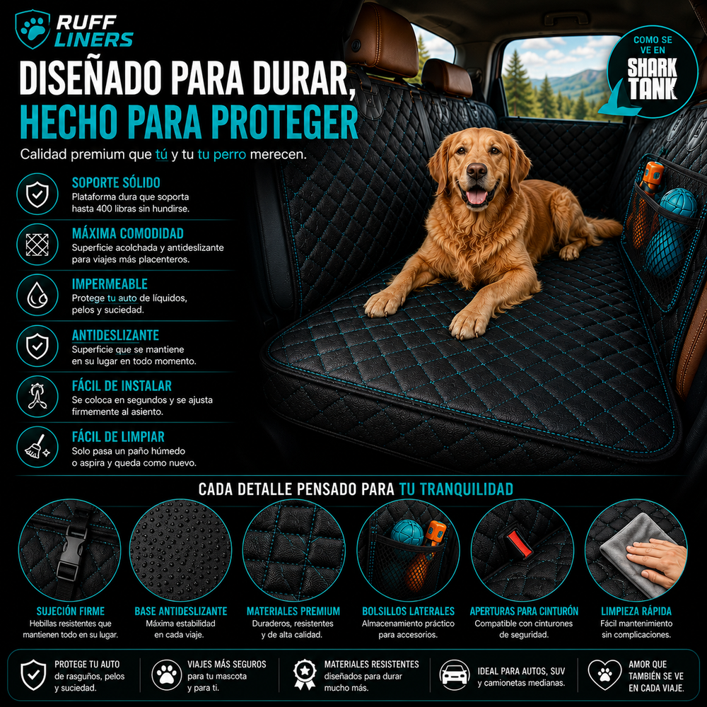 Ruff Liners Extensor de asiento trasero mediano para perros, color negro, como se ve en Shark Tank, plataforma inferior dura para automóviles, SUV y camiones de tamaño mediano, soporte de 400 libras