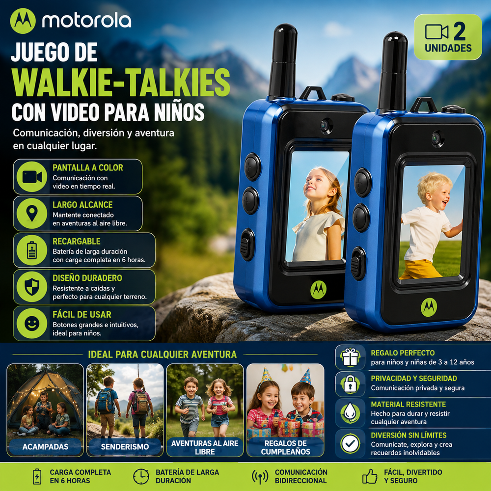 walkie-talkies Motorola®  Con video para niños (2 unidades), juguetes de radio bidireccional recargables de largo alcance; ideal para aventuras al aire libre, acampadas, senderismo y regalos de cumpleaños; diseño duradero y con carga de 6 horas