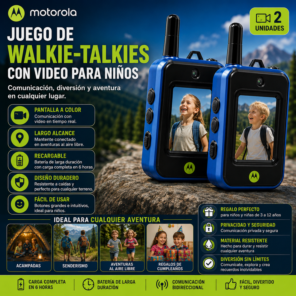 walkie-talkies Motorola®  Con video para niños (2 unidades), juguetes de radio bidireccional recargables de largo alcance; ideal para aventuras al aire libre, acampadas, senderismo y regalos de cumpleaños; diseño duradero y con carga de 6 horas