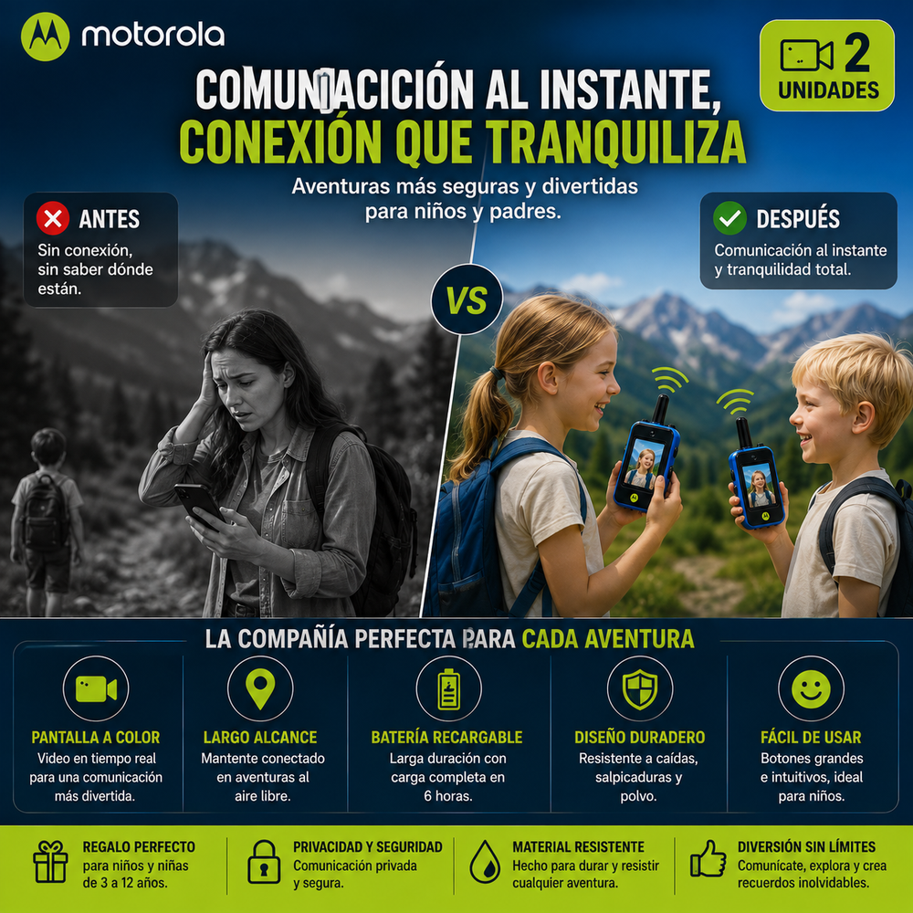 walkie-talkies Motorola®  Con video para niños (2 unidades), juguetes de radio bidireccional recargables de largo alcance; ideal para aventuras al aire libre, acampadas, senderismo y regalos de cumpleaños; diseño duradero y con carga de 6 horas