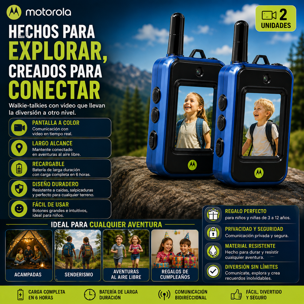 walkie-talkies Motorola®  Con video para niños (2 unidades), juguetes de radio bidireccional recargables de largo alcance; ideal para aventuras al aire libre, acampadas, senderismo y regalos de cumpleaños; diseño duradero y con carga de 6 horas