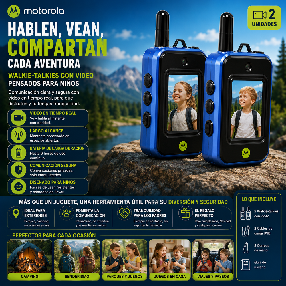 walkie-talkies Motorola®  Con video para niños (2 unidades), juguetes de radio bidireccional recargables de largo alcance; ideal para aventuras al aire libre, acampadas, senderismo y regalos de cumpleaños; diseño duradero y con carga de 6 horas