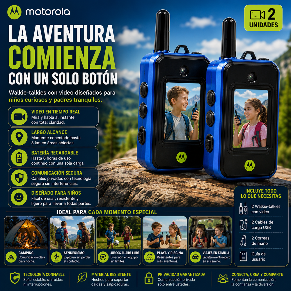 walkie-talkies Motorola®  Con video para niños (2 unidades), juguetes de radio bidireccional recargables de largo alcance; ideal para aventuras al aire libre, acampadas, senderismo y regalos de cumpleaños; diseño duradero y con carga de 6 horas
