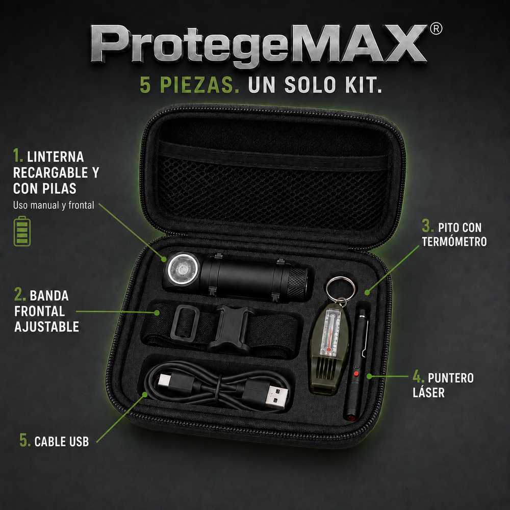 ProtegeMAX® Kit de supervivencia y emergencia, 5 piezas claves de emergencia para terremotos, emergencias climaticas, en auto y aventuras al aire libre
