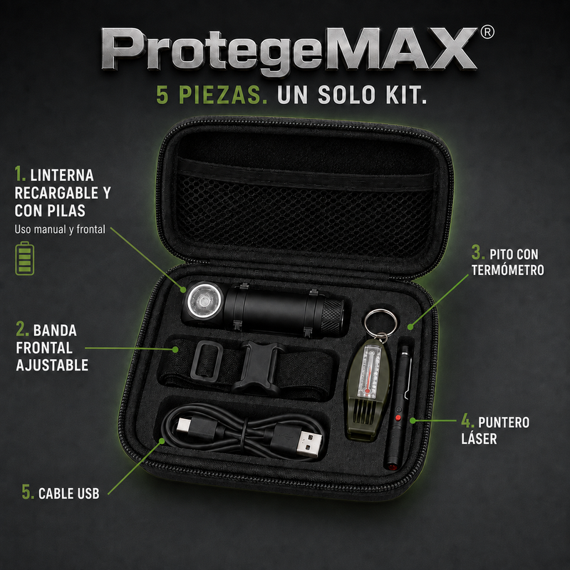 ProtegeMAX® Kit de supervivencia y emergencia, 5 piezas claves de emergencia para terremotos, emergencias climaticas, en auto y aventuras al aire libre