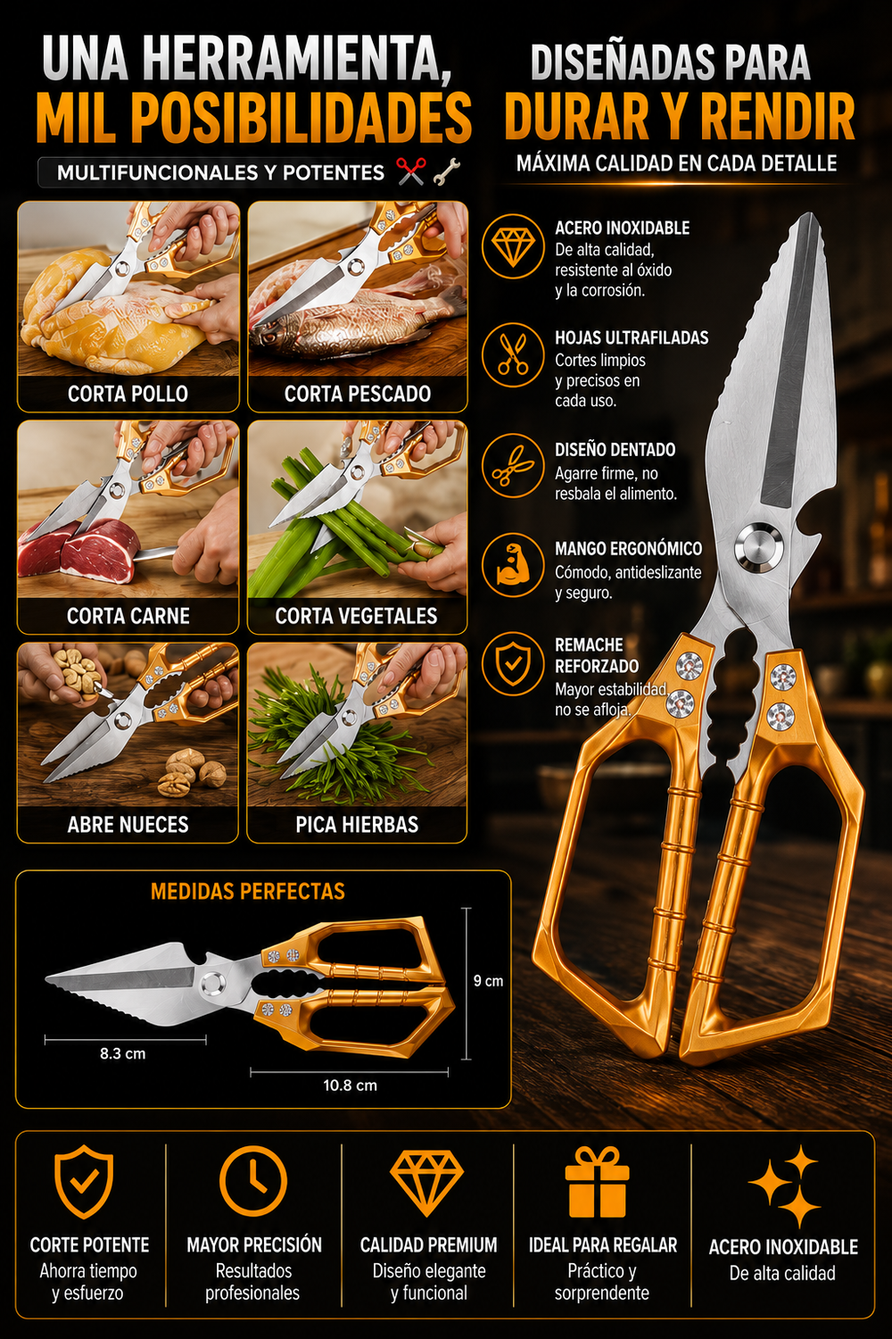 Tijeras de cocina de alta resistencia multifuncionales y potentes ✂️🦴