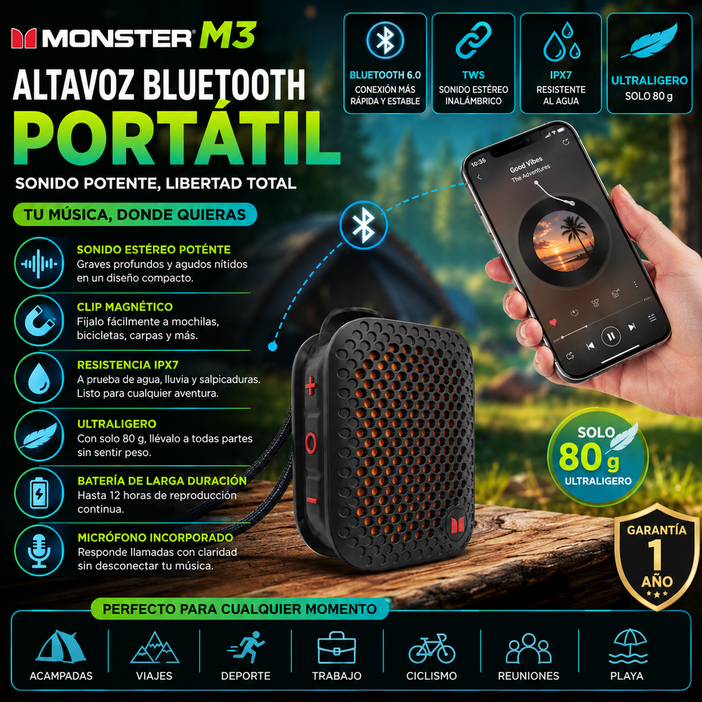 MONSTER M3 Altavoz Bluetooth portátil, sonido estéreo TWS, resistencia al agua IPX7, altavoz portátil con clip magnético, altavoz inalámbrico ultraligero (80 g) para exteriores, viajes, acampad, trabajo y deporte
