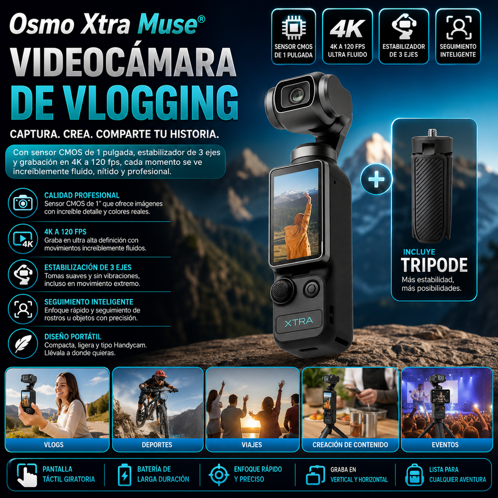 Osmo Xtra Muse® Videocámara de vlogging con sensor CMOS de 1 pulgada, vídeo 4K a 120 fps, estabilizador de cardán de 3 ejes, enfoque rápido, seguimiento de rostros/objetos y diseño portátil tipo Handycam.
