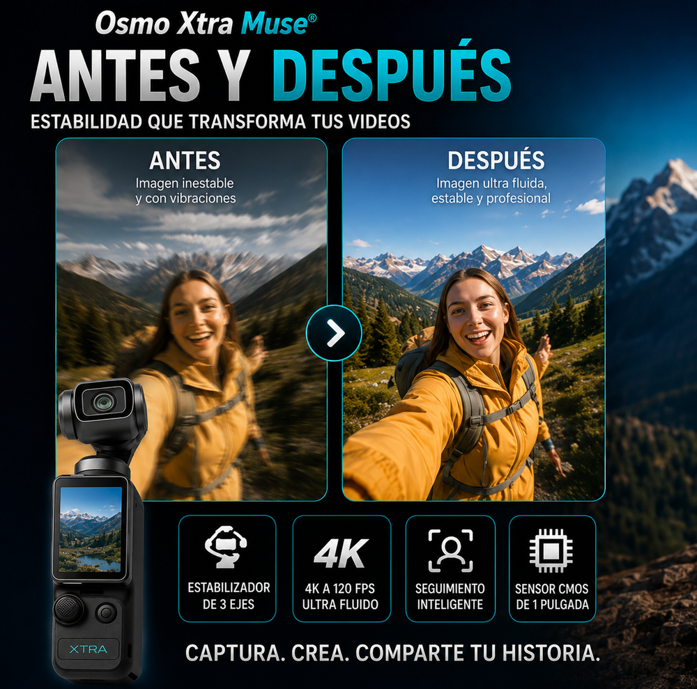 Osmo Xtra Muse® Videocámara de vlogging con sensor CMOS de 1 pulgada, vídeo 4K a 120 fps, estabilizador de cardán de 3 ejes, enfoque rápido, seguimiento de rostros/objetos y diseño portátil tipo Handycam.