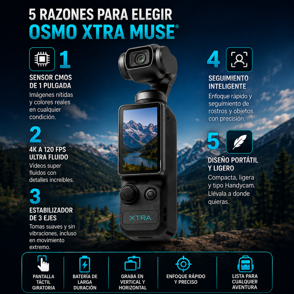 Osmo Xtra Muse® Videocámara de vlogging con sensor CMOS de 1 pulgada, vídeo 4K a 120 fps, estabilizador de cardán de 3 ejes, enfoque rápido, seguimiento de rostros/objetos y diseño portátil tipo Handycam.