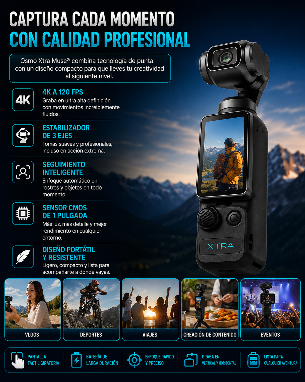 Osmo Xtra Muse® Videocámara de vlogging con sensor CMOS de 1 pulgada, vídeo 4K a 120 fps, estabilizador de cardán de 3 ejes, enfoque rápido, seguimiento de rostros/objetos y diseño portátil tipo Handycam.