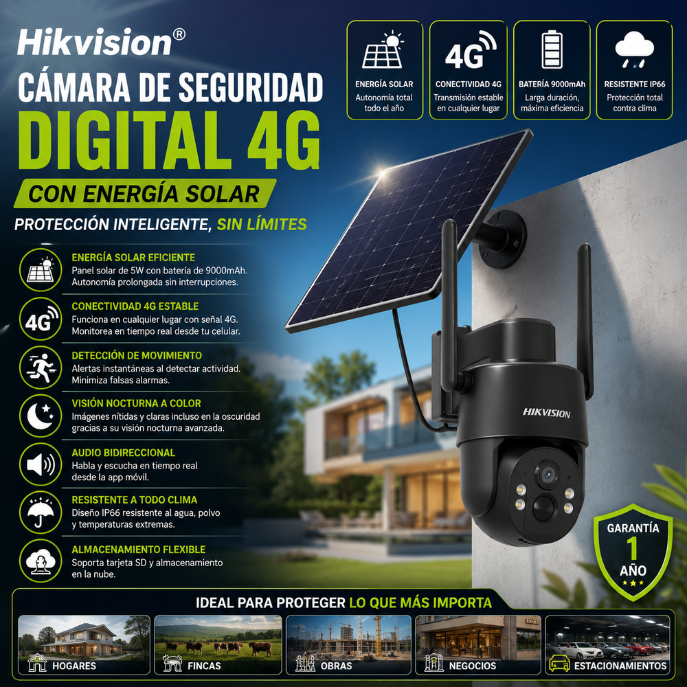 Hikvision® Cámara de seguridad digital 4G con energía solar, lente HD de 4 MP, visión nocturna a color, tarjeta celular integrada, monitoreo remoto y protección IP65; cámara para exteriores sin WiFi ideal para casa, fincas, granjas u hogares