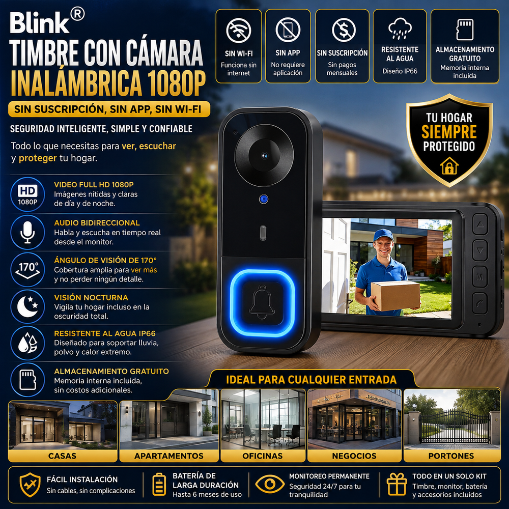 Blink® Timbre con cámara inalámbrica 1080p | Sin suscripción, sin aplicación ni Wi-Fi | Timbre con cámara resistente al agua, pantalla de monitor y almacenamiento gratuito | Videoportero con audio bidireccional y ángulo de visión de 170° | Visión nocturna