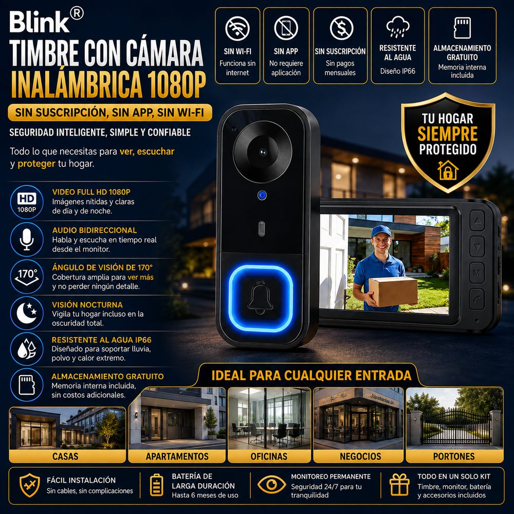 Blink® Timbre con cámara inalámbrica 1080p | Sin suscripción, sin aplicación ni Wi-Fi | Timbre con cámara resistente al agua, pantalla de monitor y almacenamiento gratuito | Videoportero con audio bidireccional y ángulo de visión de 170° | Visión nocturna
