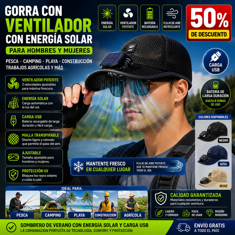 Gorra con ventilador con energía solar para hombres y mujeres, sombrero de enfriamiento, pesca, camping, playa, trabajos de construcción o agrícola, sombreros de verano con carga USB
