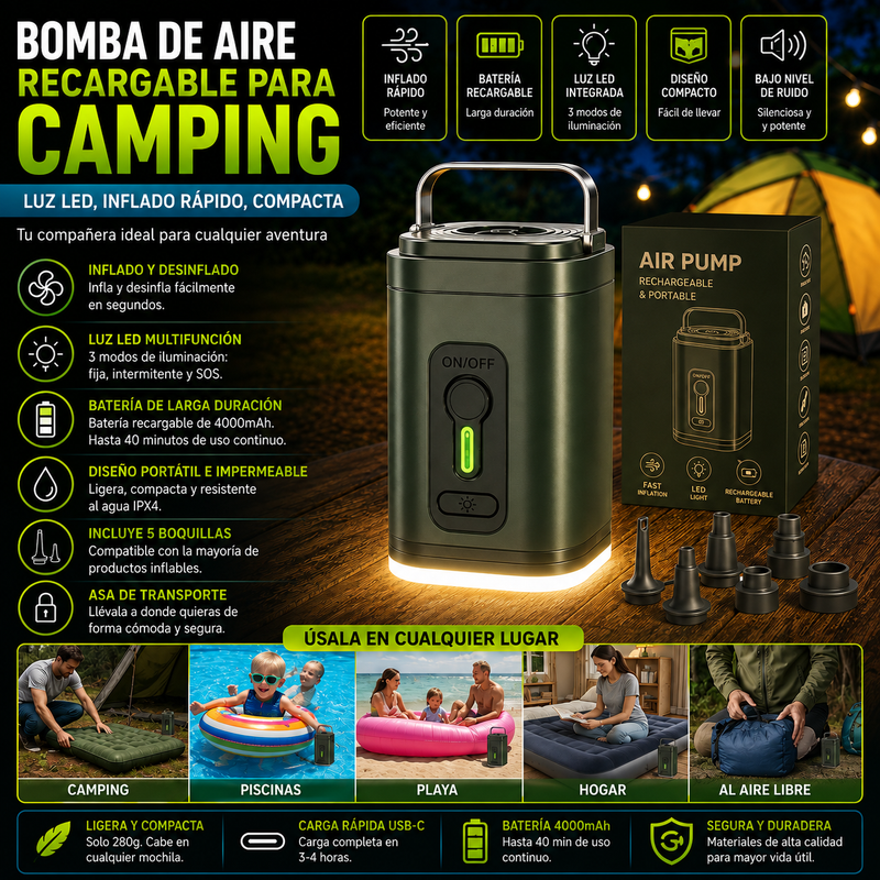 BombaMAX® Bomba de aire recargable para camping – Luz LED, inflado rápido, compacta