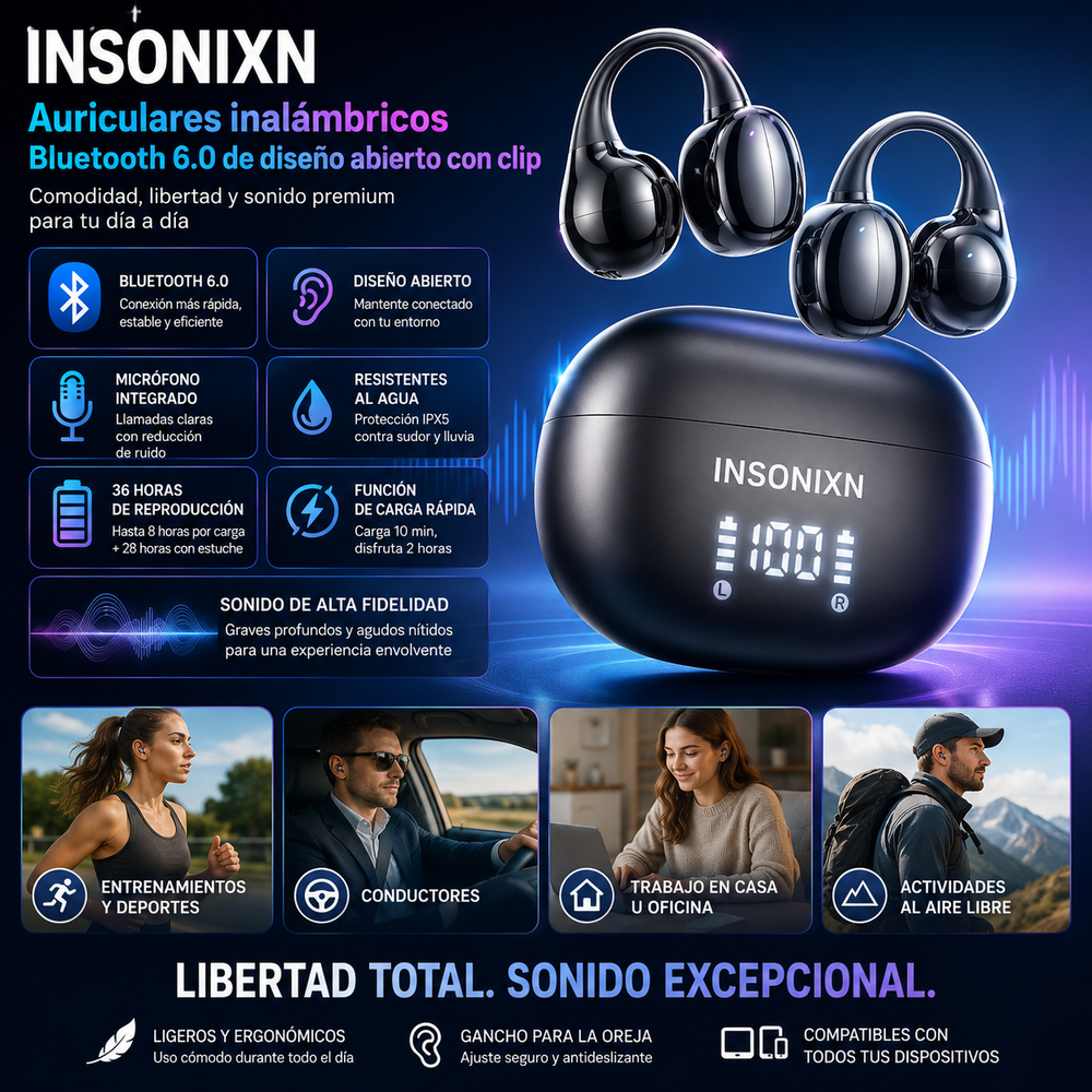 INSONIXN Auriculares inalámbricos Bluetooth 6.0, micrófono integrado y gancho para la oreja; resistentes al agua, 36 horas de reproducción, sonido de alta fidelidad; cómodos para entrenamientos, deportes, conductores, trabajo en casa u oficina