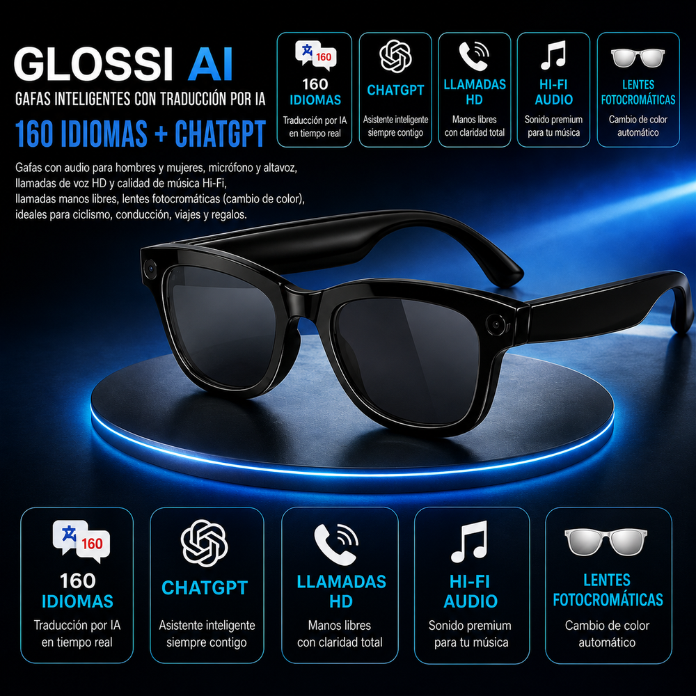 GLOSSI AI Gafas inteligentes con traducción por IA, 160 idiomas, ChatGPT, gafas con audio para hombres y mujeres, micrófono y altavoz, llamadas manos libres, lentes fotocromáticas, ideales para ciclismo, conducción, viajes y regalos