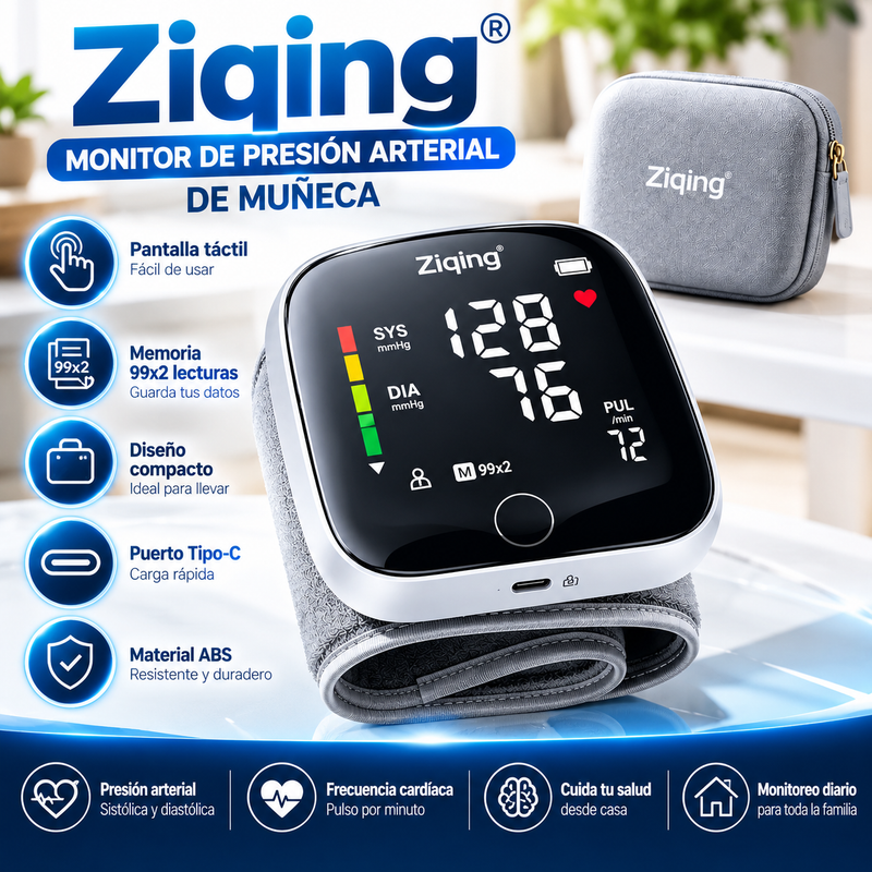 Monitor de presión arterial de muñeca Ziqing: dispositivo digital para uso doméstico con pantalla LED, brazalete con pantalla táctil, diseño compacto ideal para llevar en el bolso, estuche de transporte, puerto Tipo-C.