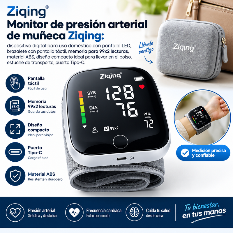 Monitor de presión arterial de muñeca Ziqing: dispositivo digital para uso doméstico con pantalla LED, brazalete con pantalla táctil, diseño compacto ideal para llevar en el bolso, estuche de transporte, puerto Tipo-C.