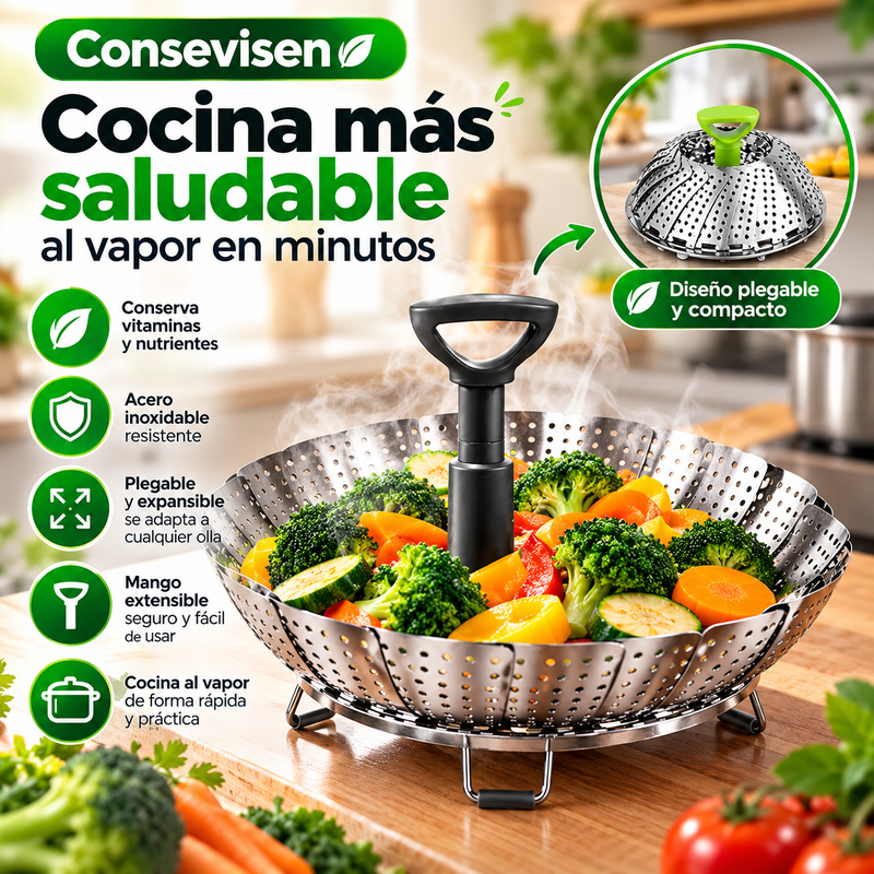 Consevisen Cesta vaporera de verduras para cocinar alimentos, cesta de vapor vegetal de acero inoxidable para olla, inserto plegable expandible al vapor con mango extensible que se adapta a cualquier olla