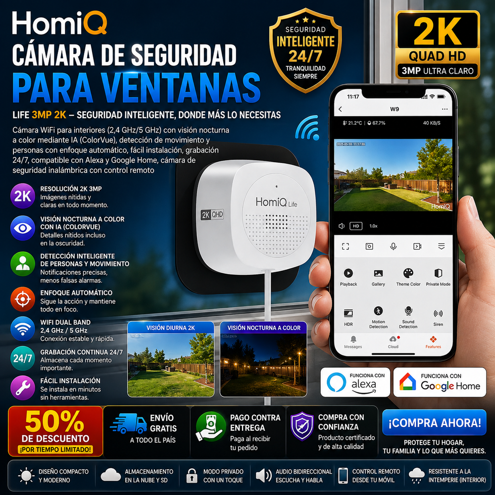 HomiQ Cámara de seguridad para ventanas: Life 3MP 2K, cámara WiFi para interiores (2,4 GHz/5 GHz) con visión nocturna a color mediante IA, detección de movimiento con enfoque automático