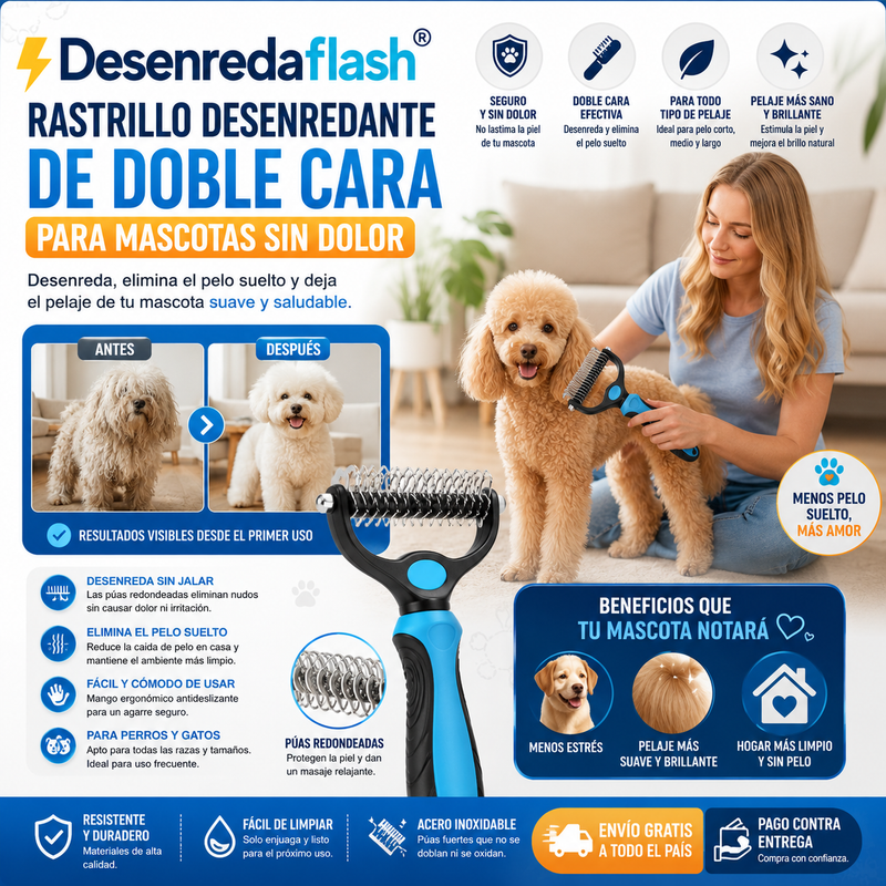 Desenredaflash®️ Rastrillo desenredante de doble cara para mascotas sin dolor