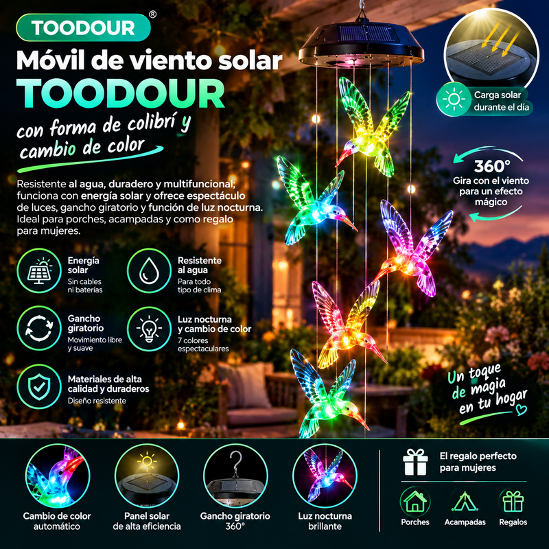 Móvil de viento solar TOODOUR con forma de colibrí y cambio de color: resistente al agua, duradero y multifuncional; funciona con energía solar y ofrece espectáculo de luces, gancho giratorio y función de luz nocturna