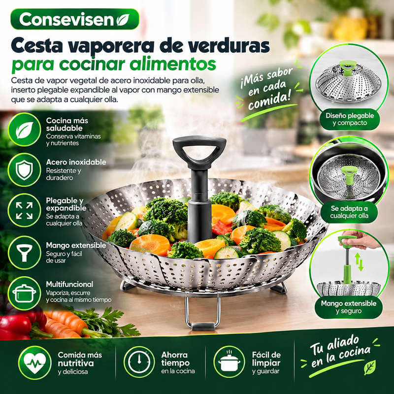 Consevisen Cesta vaporera de verduras para cocinar alimentos, cesta de vapor vegetal de acero inoxidable para olla, inserto plegable expandible al vapor con mango extensible que se adapta a cualquier olla