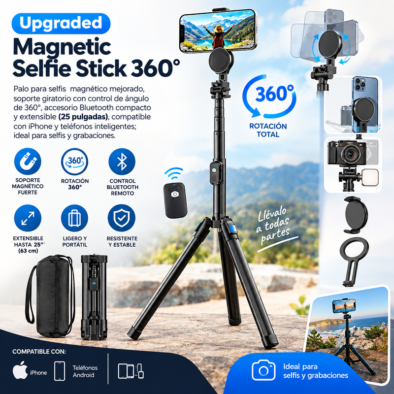 Upgraded Magnetic Selfie Stick 360° Palo para selfis magnético mejorado, soporte giratorio con control de ángulo de 360°, accesorio Bluetooth compacto y extensible (25 pulgadas), compatible con iPhone y teléfonos inteligentes