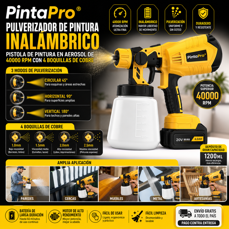 PintaPro®️ Pulverizador de pintura inalámbrico, pistola de pintura en aerosol de 40000 RPM con 4 boquillas de cobre