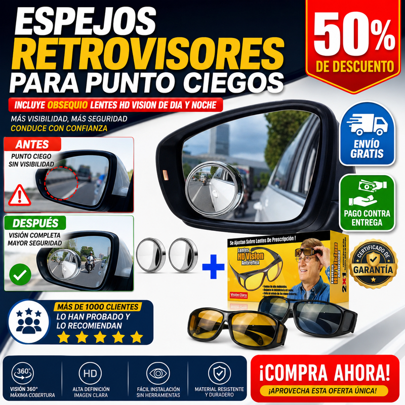 ESPEJOS RETROVISORES PARA PUNTO CIEGOS INCLUYE OBSEQUIO LENTES HD VISION DE DIA Y NOCHE