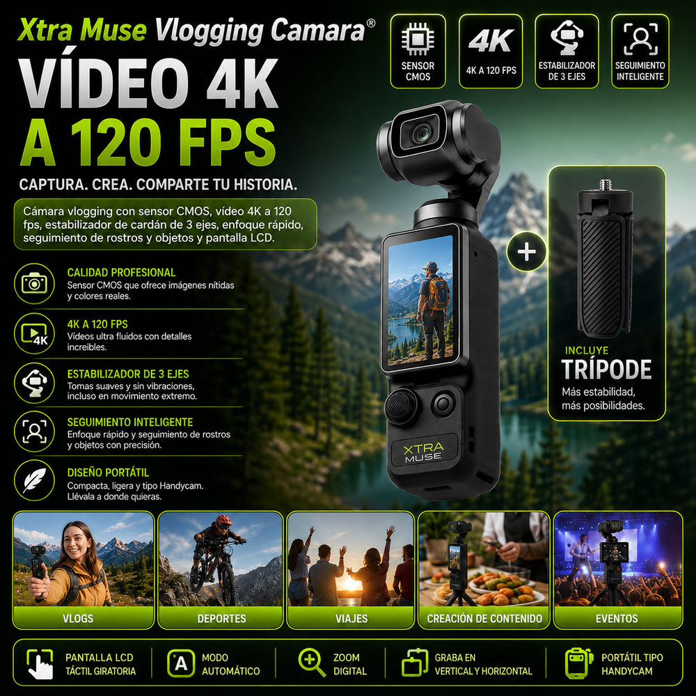 Xtra Muse Vlogging Camara con Sensor CMOS, vídeo 4K a 120 fps, estabilizador de cardán de 3 ejes, enfoque rápido, seguimiento de rostros y objetos, pantalla LCD, modo automático, zoom digital, videocámara portátil tipo Handycam.