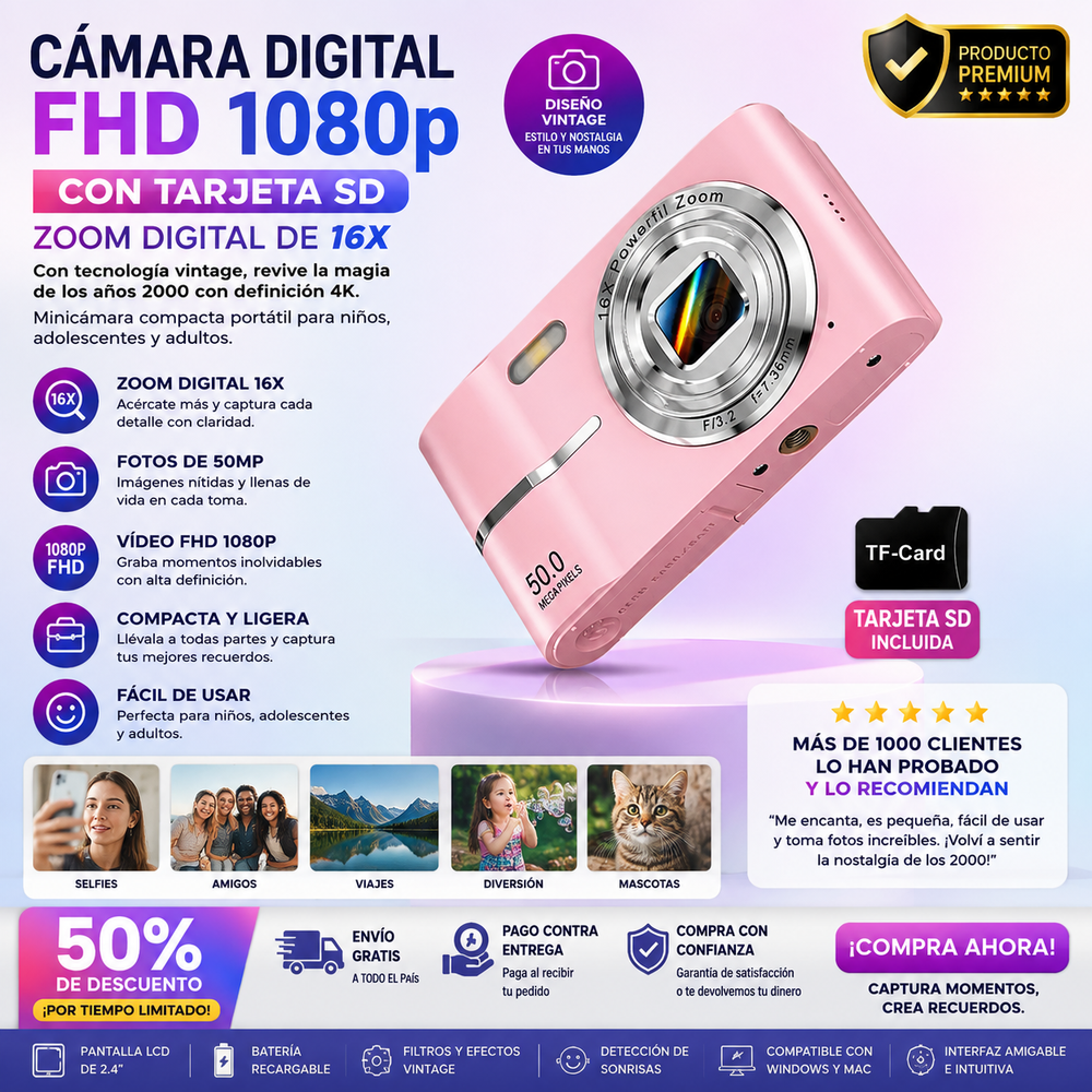 Cámara digital FHD 1080p con tarjeta SD, zoom digital de 16x, con tecnología vintage, revive la magia de los años 2000 con definción 4k, minicámara compacta portátil para niños, adplescentes y adultos