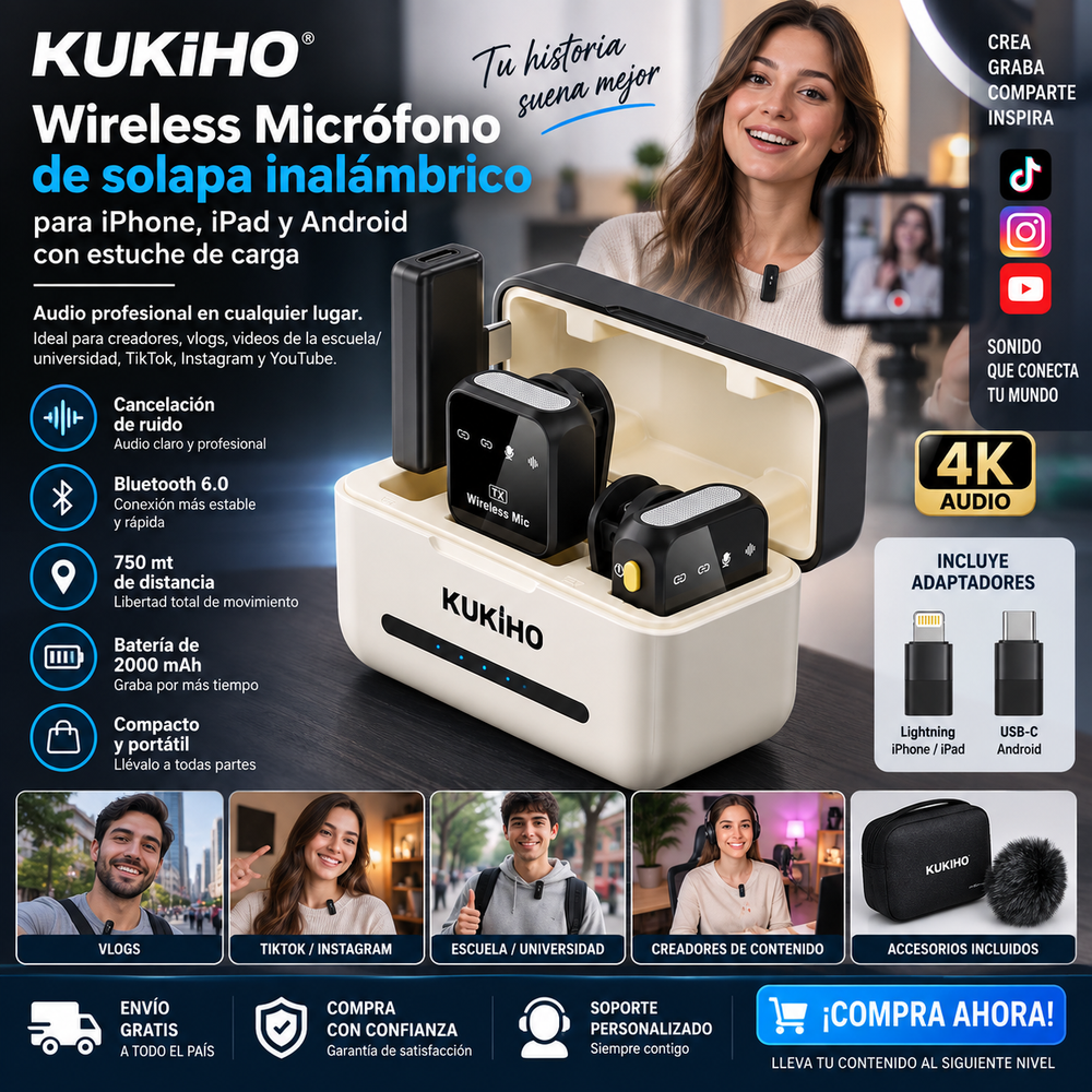 KUKIHO Wireless Micrófono de solapa inalámbrico para iPhone, iPad y Android con estuche de carga; cancelacion de ruido, Bluetooth 6.0, 750 mt de distancia, ideal para creadores, vlogs, videos de la escuela/universidad