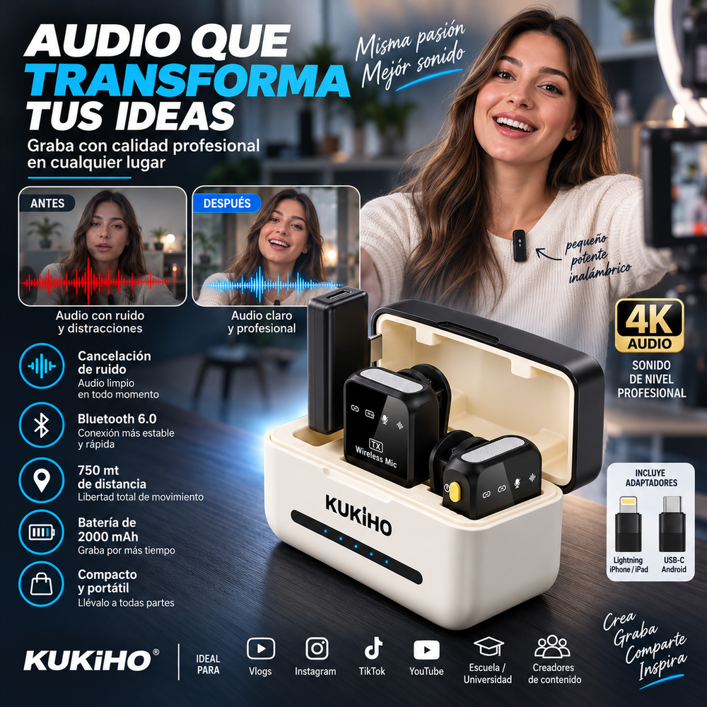 KUKIHO Wireless Micrófono de solapa inalámbrico para iPhone, iPad y Android con estuche de carga; cancelacion de ruido, Bluetooth 6.0, 750 mt de distancia, ideal para creadores, vlogs, videos de la escuela/universidad