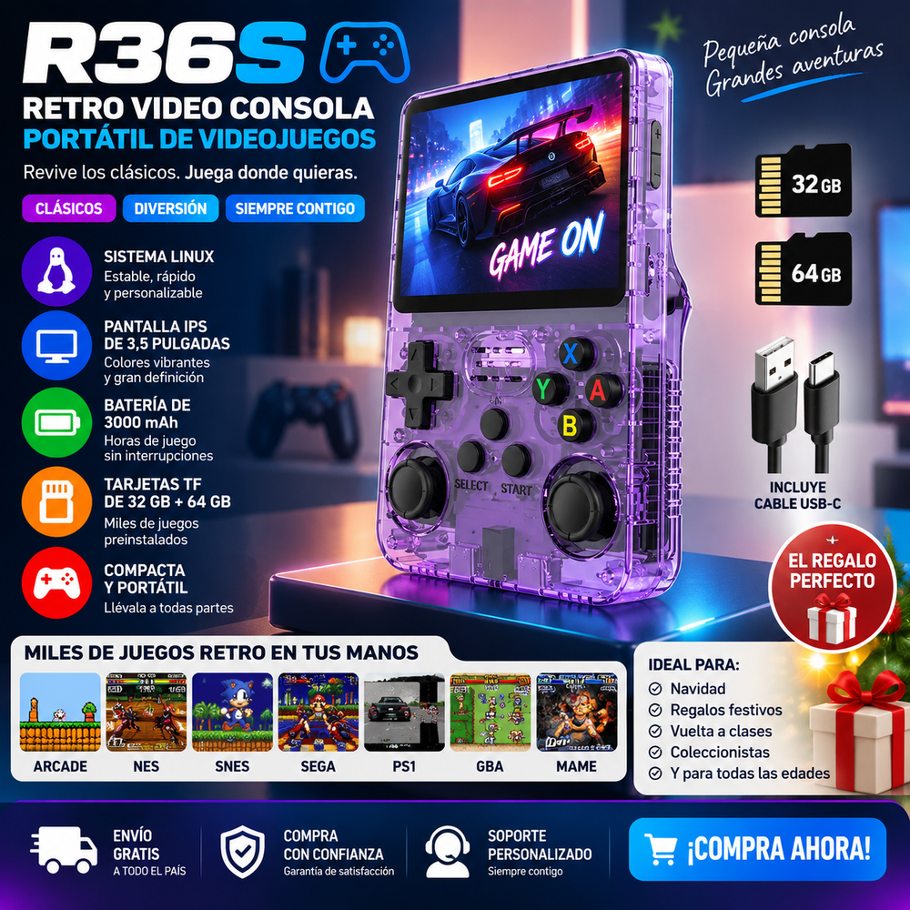 R36S Retro Video Consola portátil de videojuegos con sistema Linux, pantalla IPS de 3,5 pulgadas, batería de 3000 mAh y tarjetas TF de 32 GB + 64 GB; ideal para Navidad, regalos festivos o la vuelta a clases.