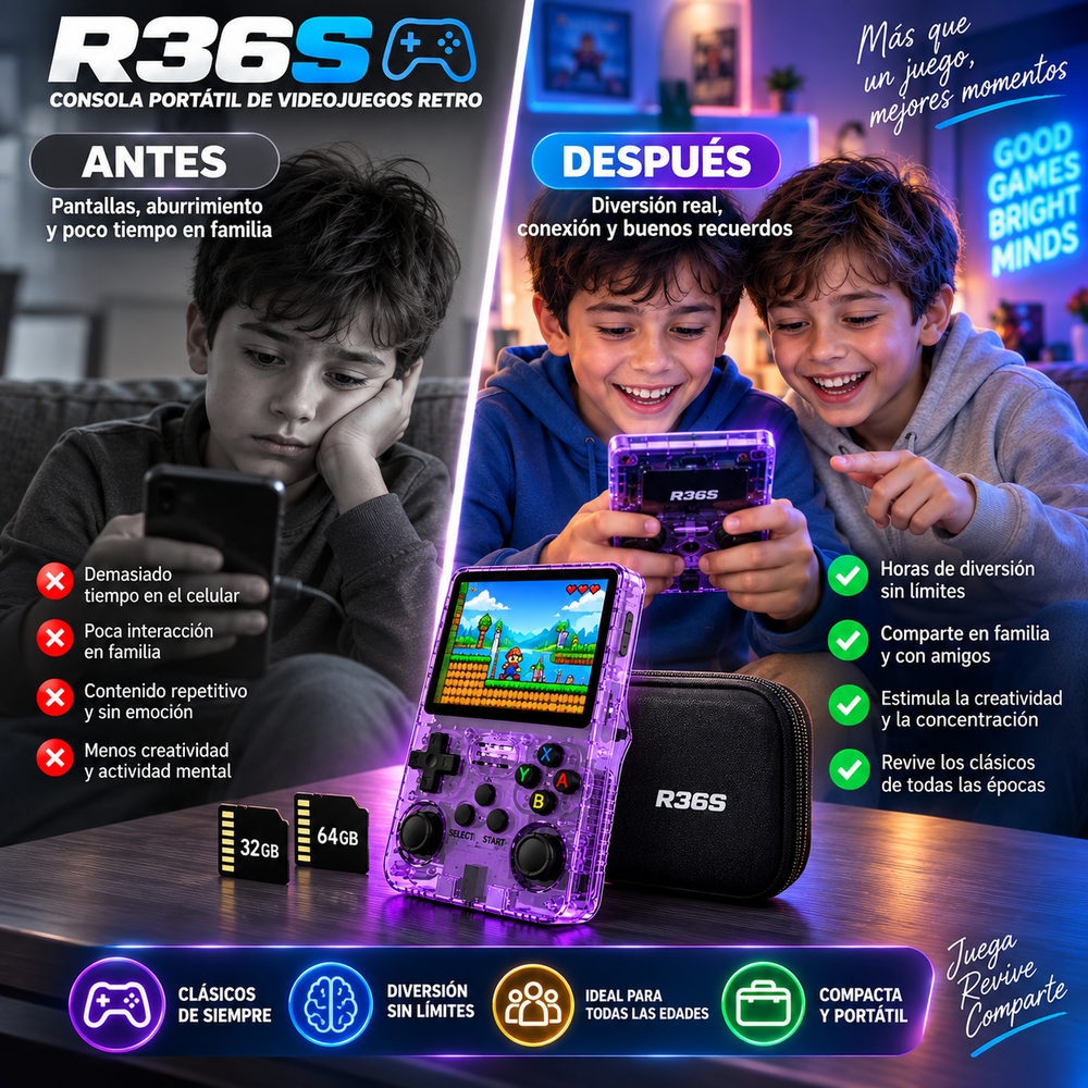 R36S Retro Video Consola portátil de videojuegos con sistema Linux, pantalla IPS de 3,5 pulgadas, batería de 3000 mAh y tarjetas TF de 32 GB + 64 GB; ideal para Navidad, regalos festivos o la vuelta a clases.