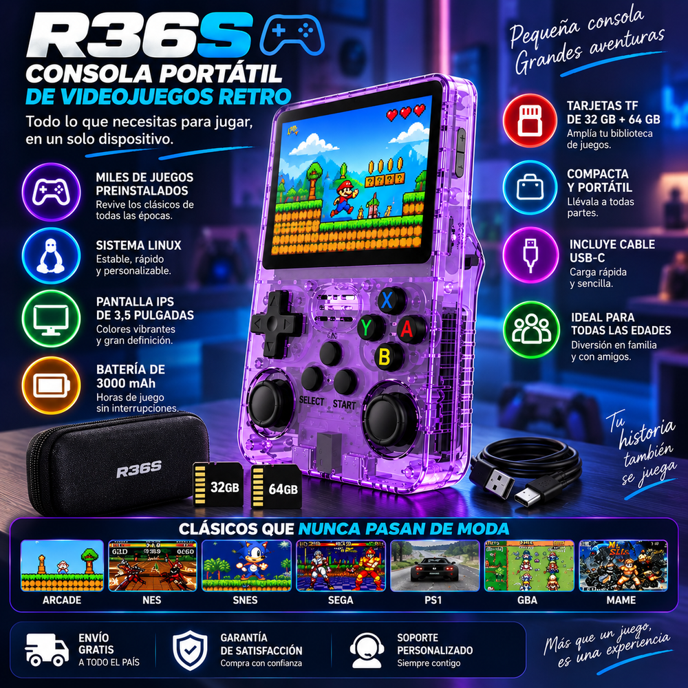 R36S Retro Video Consola portátil de videojuegos con sistema Linux, pantalla IPS de 3,5 pulgadas, batería de 3000 mAh y tarjetas TF de 32 GB + 64 GB; ideal para Navidad, regalos festivos o la vuelta a clases.