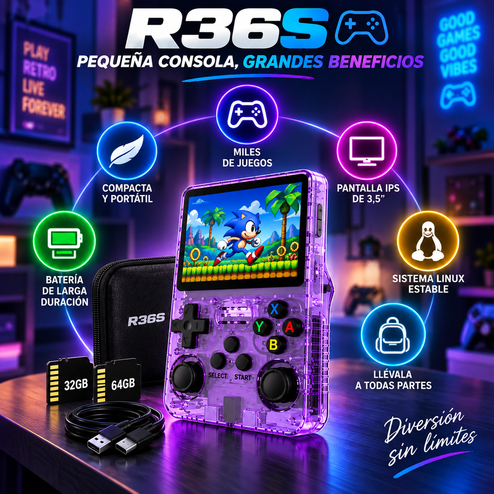 R36S Retro Video Consola portátil de videojuegos con sistema Linux, pantalla IPS de 3,5 pulgadas, batería de 3000 mAh y tarjetas TF de 32 GB + 64 GB; ideal para Navidad, regalos festivos o la vuelta a clases.