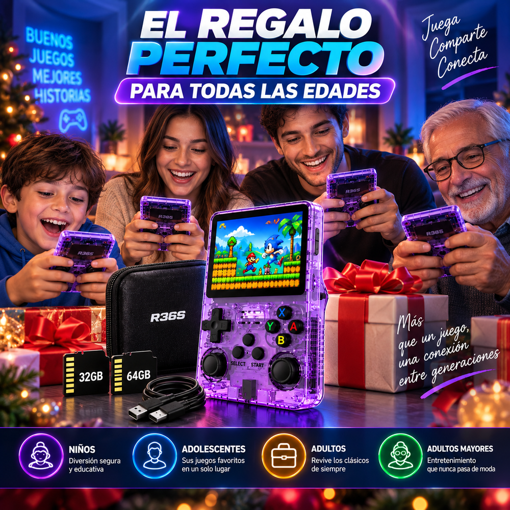 R36S Retro Video Consola portátil de videojuegos con sistema Linux, pantalla IPS de 3,5 pulgadas, batería de 3000 mAh y tarjetas TF de 32 GB + 64 GB; ideal para Navidad, regalos festivos o la vuelta a clases.
