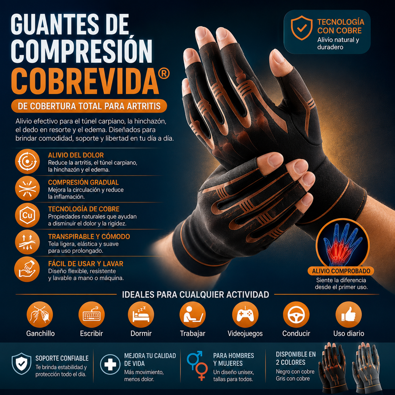 Guantes de compresión de Bambú Cobrevida®️ de cobertura total para artritis alivio para el túnel carpiano, la hinchazón, el dedo en resorte y el edema; adecuados para ganchillo, escribir, dormir, trabajar, videojuegos, conducir y uso diario
