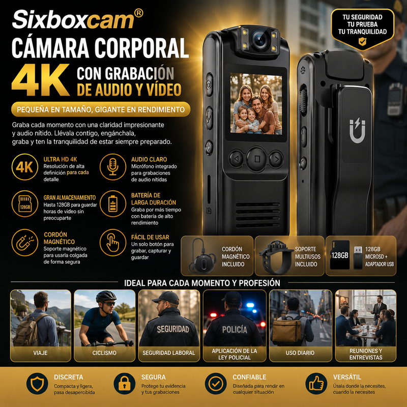 Sixboxcam® Cámara Corporal 4K con Grabación de Audio y Vídeo, Cámara Ponible Mini de 128GB con Cordón Magnético, para Viaje, Ciclismo, Seguridad Laboral, Aplicación de la Ley Policial