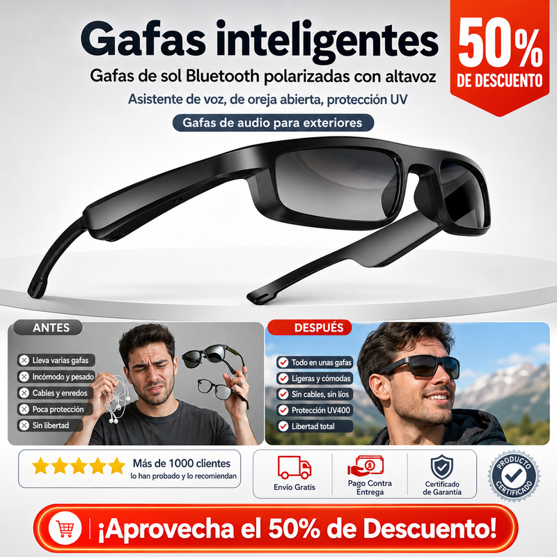 Gafas inteligentes, gafas de sol Bluetooth polarizadas con altavoz, asistente de voz, de oreja abierta, protección UV, gafas de audio para exteriores