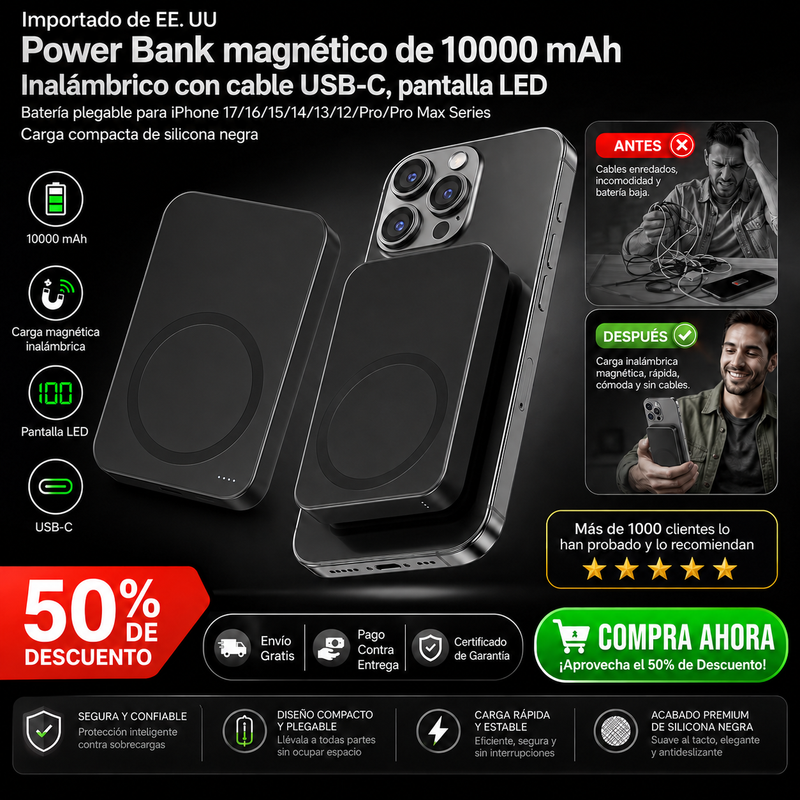 Importado de EE. UU Power Bank magnético de 10000 mAh, inalámbrico con cable USB-C, pantalla LED, batería plegable, carga compacta de silicona
