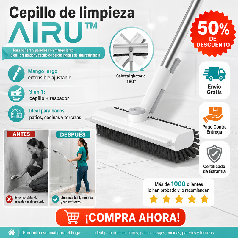 Cepillo de limpieza AIRU™, para bañera y paredes con mango largo, 3 en 1: raspador y cepillo de cerdas rígidas de alta resistencia para limpiar duchas, baños, patios, garajes, cocinas, paredes y terrazas.