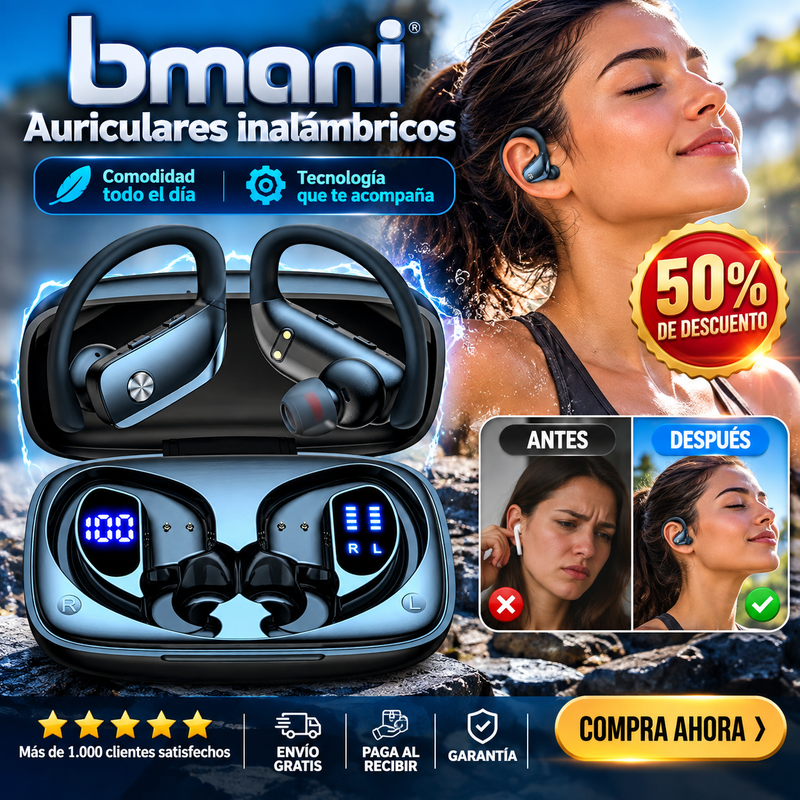 bmani Auriculares inalámbricos con Bluetooth con pantalla LED de 80 horas de reproducción, gancho sobre la oreja con micrófono, sonido estéreo, controles de botón fáciles
