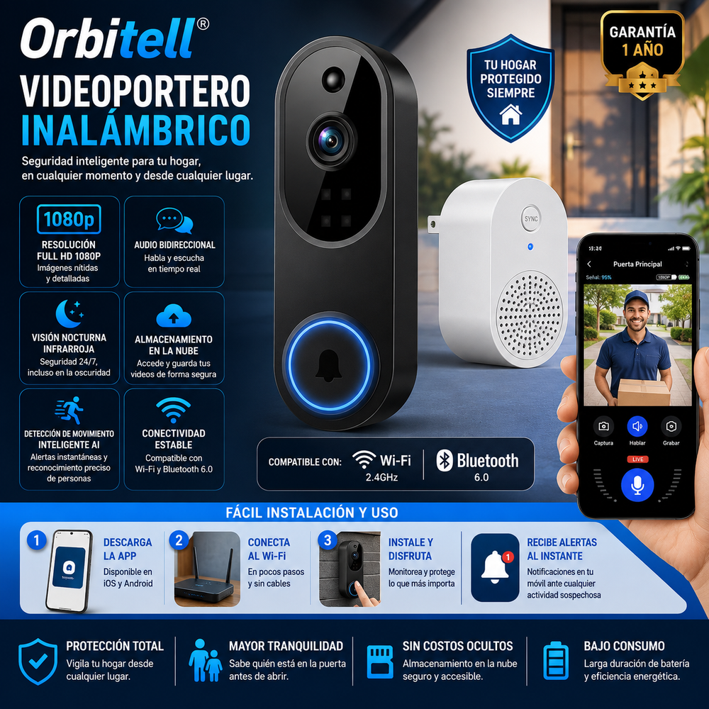 Orbitell® Videoportero inalámbrico de 1080p con cámara Wi-Fi, audio bidireccional, visión nocturna, almacenamiento en la nube, detección de movimiento inteligente AI, compatible con Wi-Fi, bluethooth 6.0